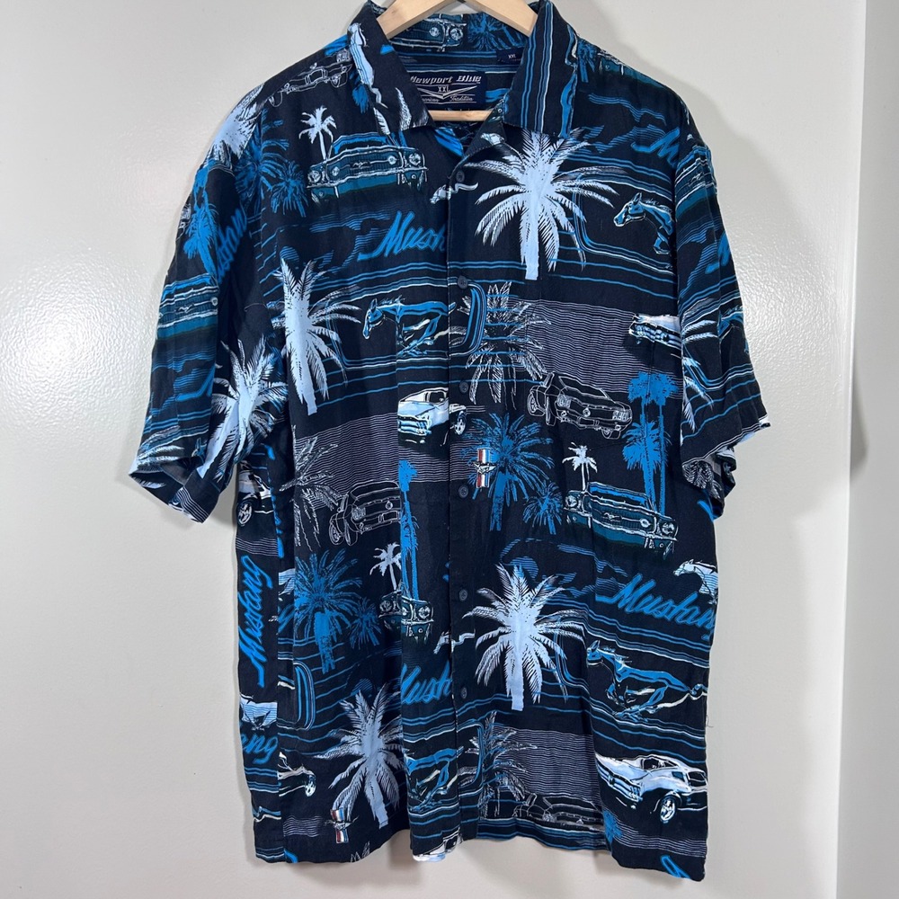Newport Blue Mens XXL Ford Mustang Palm Tree Tropical Button Down Shirt Black